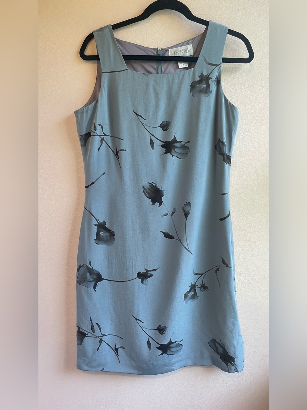 Vintage 90s Casual Corner Annex Silk Sheath Dress Blue Gray Rose Print Size 8